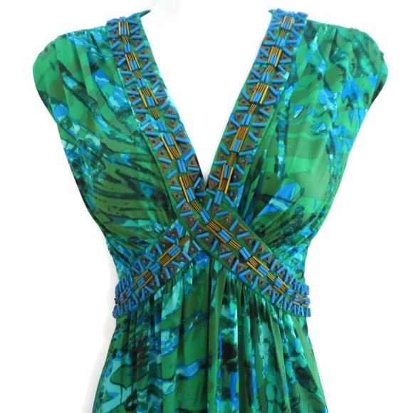 Cache Top Tunic Beaded Babydoll Sweetheart Empire Waist Blue Green Stretchy Y2K - Picture 1 of 7